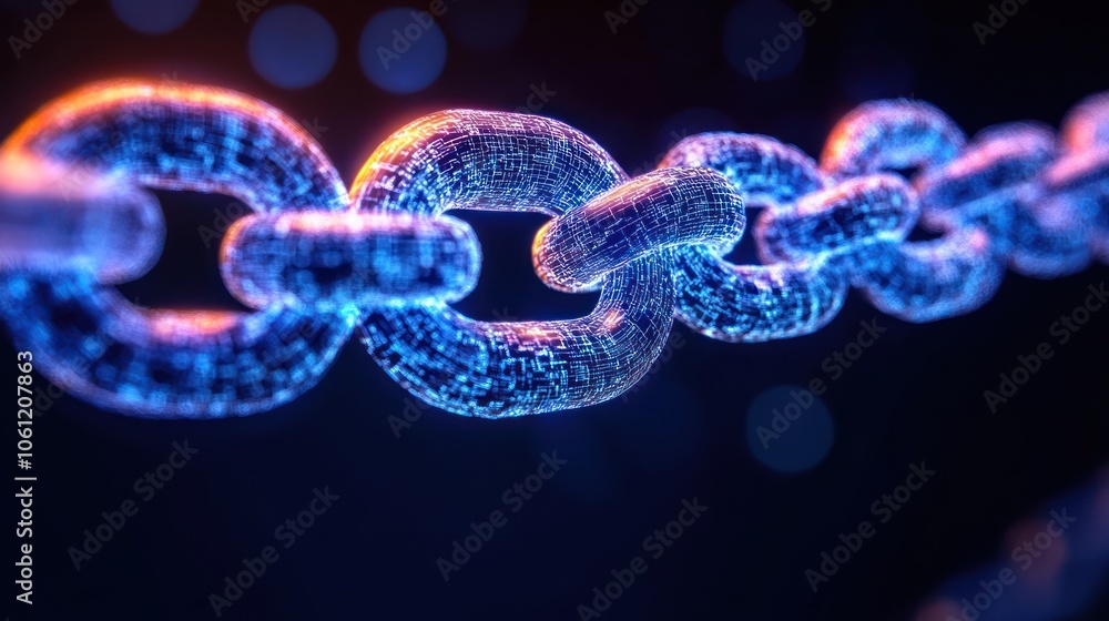 Poster a close-up of a digital chain, symbolizing connectivity and blockchain technology.