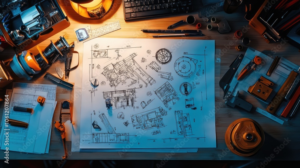 Poster engineering blueprint and tools on workspace