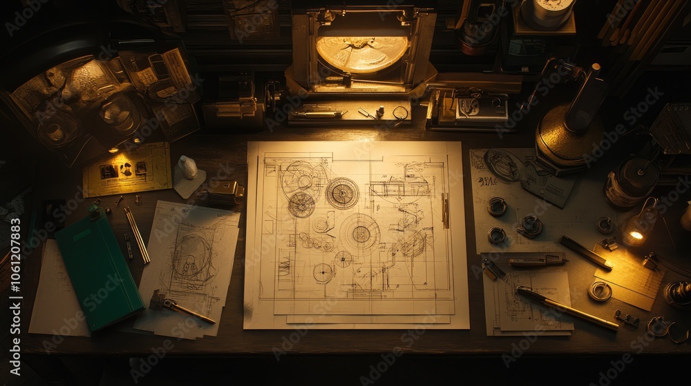 Poster artistic workspace with drafting tools and blueprints