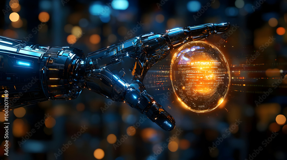 Poster 3d robot hand holding sphere of data