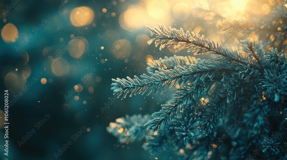 Poster a close-up of frosty pine branches with soft bokeh lights in the background.