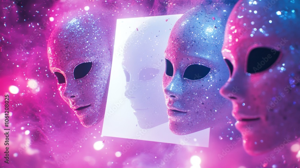Poster three alien-like faces with a cosmic background and a reflective surface.