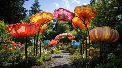 Obraz premium Vibrant Garden Pathway with Colorful Flower Sculptures