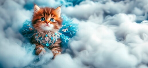 Cute siberian kitten in a blue dress sitting in the clouds