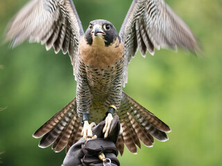 A Peregrine falcon (Falco peregrinus) stretches its wings out in order show off his beautiful plumage and feathers