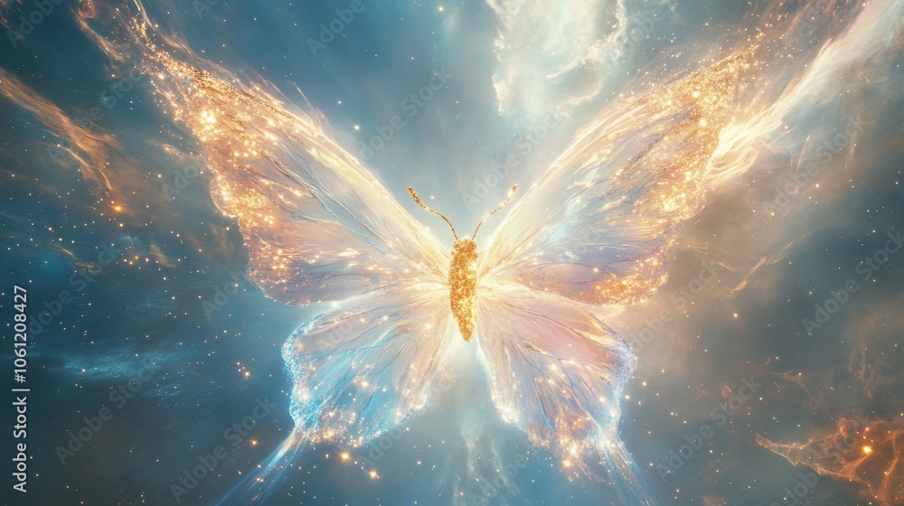 Aufkleber a glowing butterfly with its wings spread wide, surrounded by a celestial background of sparkling li
