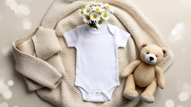 White baby short sleeve bodysuit mockup for presentation cute sublimation designs. bodysuit on textured knit blanket. beige teddy bear, knitted baby socks, and a small bouquet of daisies