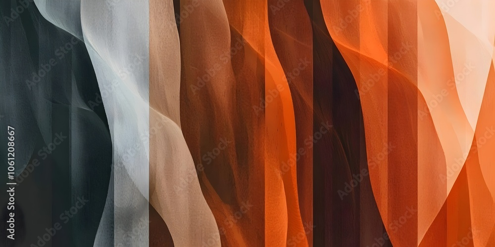 Poster a vibrant abstract design featuring flowing layers in shades of orange, gray, and brown. the smooth 