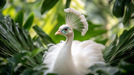 A white peacock with its feathers spread out in a fan shape, surrounded by green leaves.