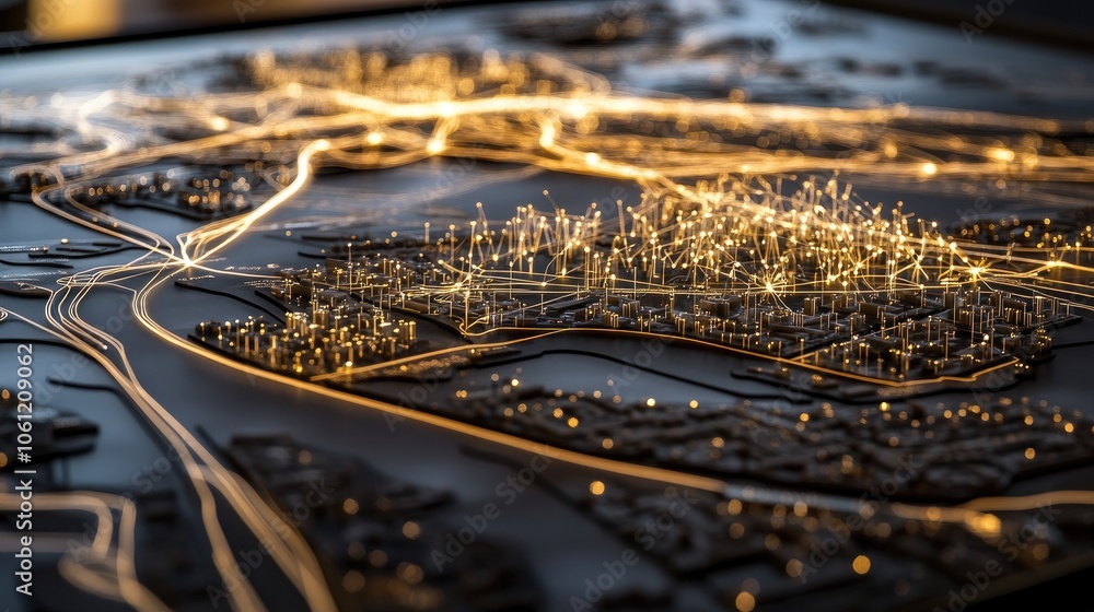 Poster illuminated city map with route lines and data points