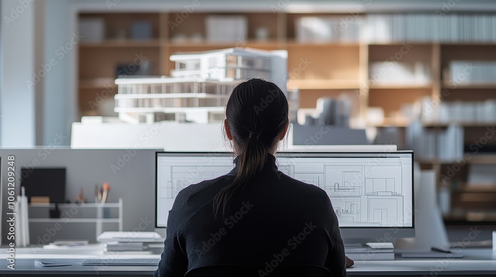 Aufkleber architect analyzing building plans on multiple monitors
