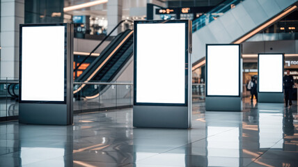 A series of white billboards are displayed in a large, empty airport. The billboards are all the same size and are placed in a row. The empty airport suggests a sense of anticipation or waiting