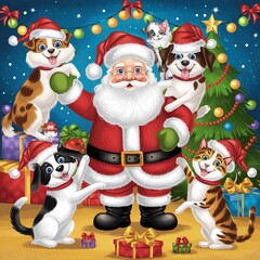 Happy cartoon illustration of Santa Claus posing with adorable puppies and kittens in Santa hats during a festive Christmas celebration.