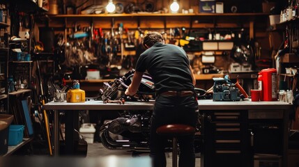 Fototapeta premium Motorcycle Mechanic Working in Garage