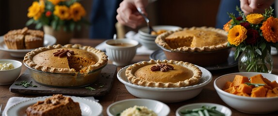 Naklejka premium Thanksgiving Feast: A warm and inviting table setting, showcasing a mouthwatering spread of homemade pies, sweet potatoes, and other Thanksgiving favorites.