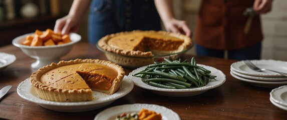Sweet Thanksgiving Feast: A rustic table brimming with autumnal bounty.  Two delicious pumpkin pies, a platter of green beans, and sweet potatoes await.