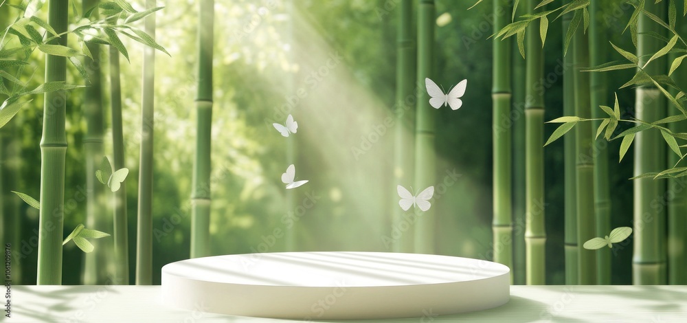 Poster a serene bamboo forest scene with a circular platform and floating butterflies.