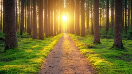 Fototapeta premium A serene forest path illuminated by sunlight, surrounded by tall trees and lush greenery.