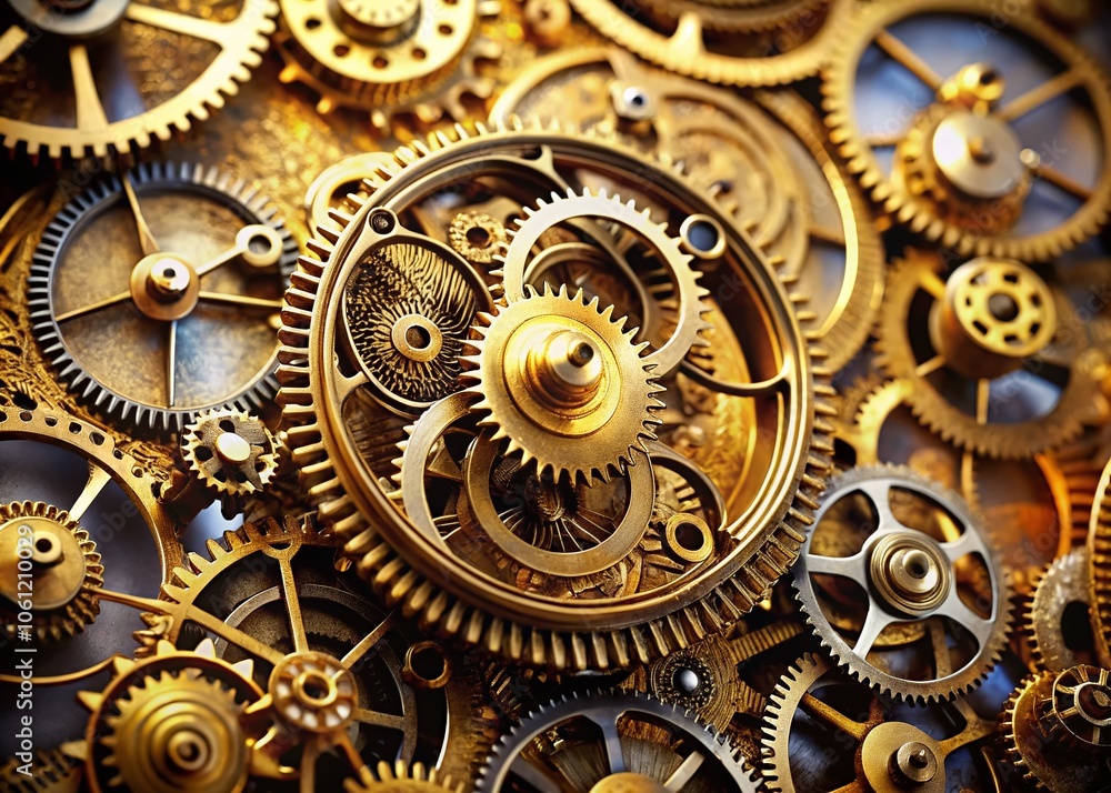 Poster intricate clockwork mechanism with gears and cogs in detailed close-up, perfect for timekeeping and 