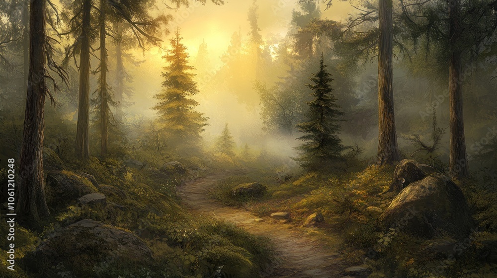 Poster a serene forest path illuminated by soft sunlight, creating a tranquil atmosphere.