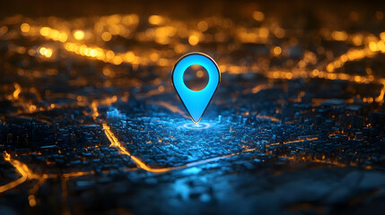 3D Illustration of a Glowing Location Pin over a Cityscape