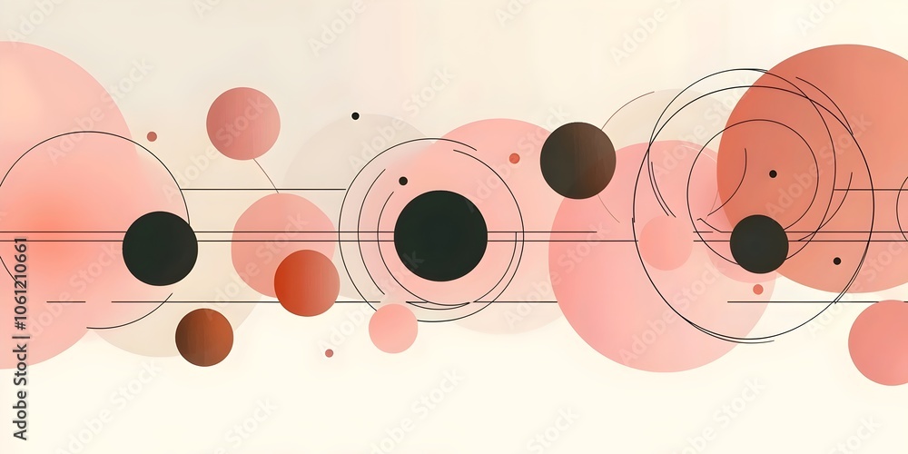 Poster an abstract composition featuring soft pink and black circles intertwined with subtle lines, creatin
