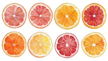 Obraz premium Colorful slices of various citrus fruits arranged in a grid, showcasing vibrant colors and textures, emphasizing freshness and health.