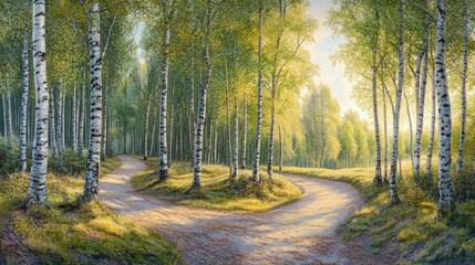 Naklejka premium A serene forest scene with a forked path surrounded by birch trees and soft sunlight.