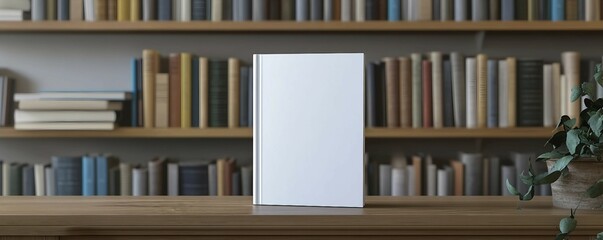 Obraz premium Present Your Design on a Blank Book Cover Mockup Surrounded by Library Books, Perfect for Branding