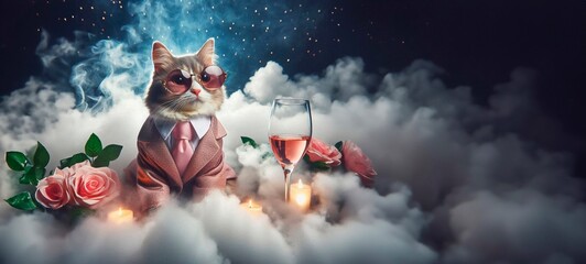 Funny cat in a suit with a glass of champagne and roses.