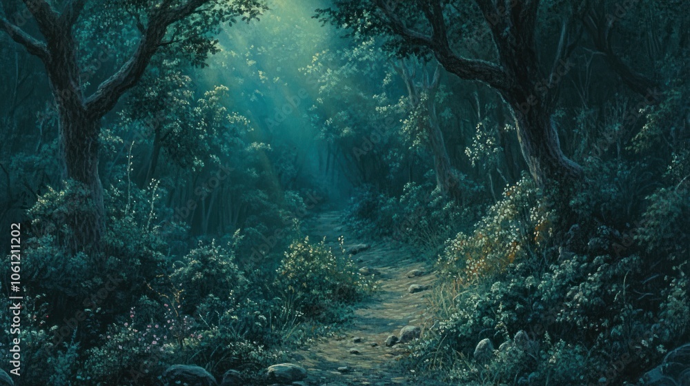 Poster a serene forest path illuminated by soft light, inviting exploration and tranquility.