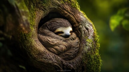 A sloth curled up in a cozy tree hollow, surrounded by lush green foliage.