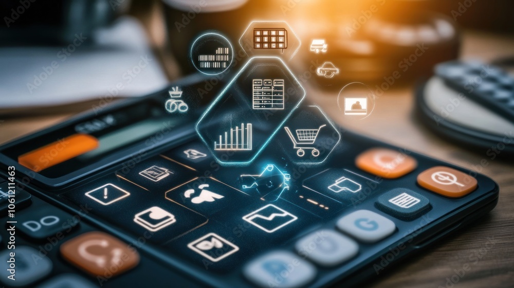 Aufkleber a calculator with digital icons representing business and technology concepts.