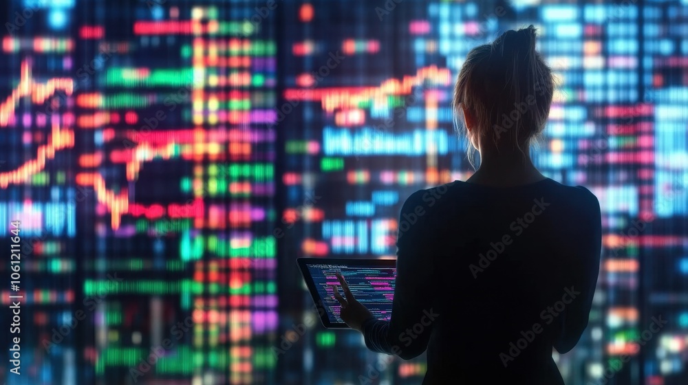 Aufkleber silhouette of a trader analyzing stock market data in a digital city
