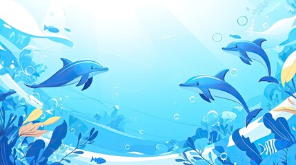 Underwater scene featuring playful dolphins swimming amidst vibrant aquatic plants.