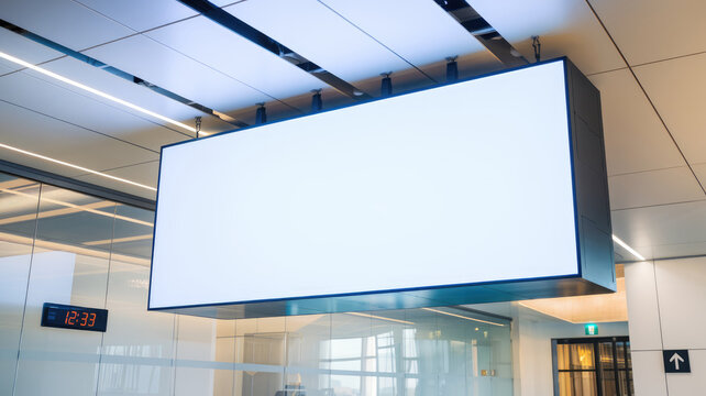 A large white sign hangs from the ceiling in a building. The sign is empty, but it is clear that it is meant to convey information or advertise something