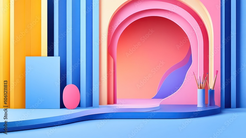 Poster a vibrant abstract scene with colorful shapes and a smooth pathway, creating a playful atmosphere.
