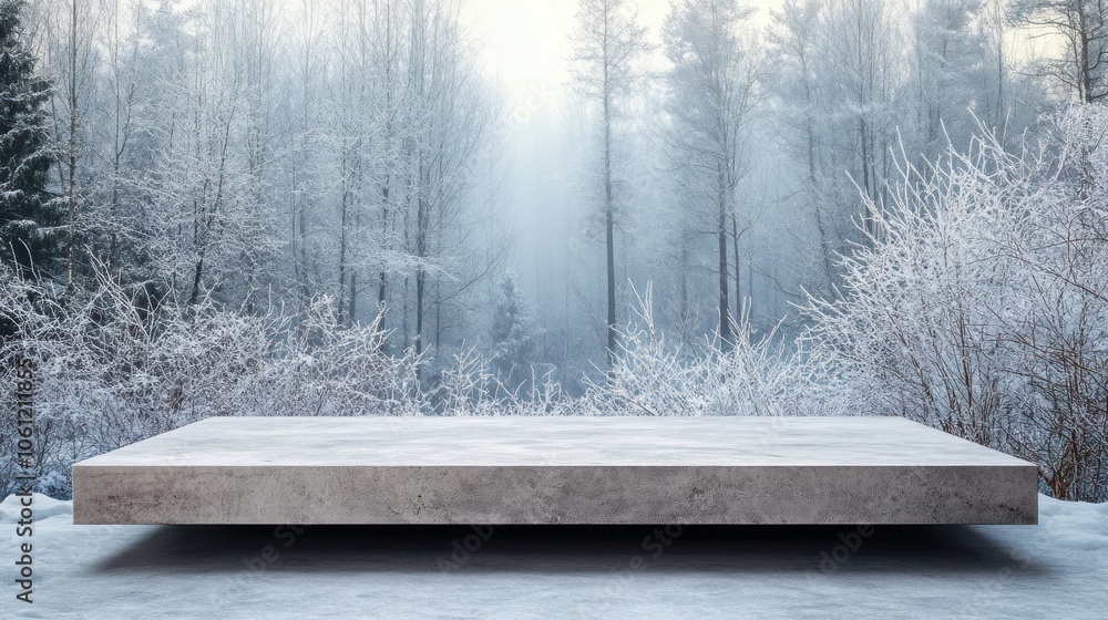 Poster a minimalist platform in a snowy forest setting, evoking calm and introspection.