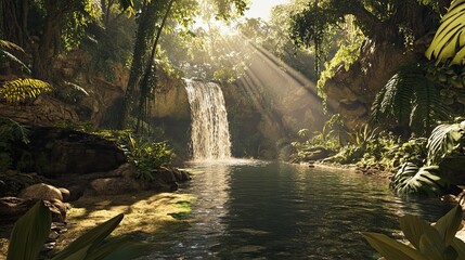 "Lush rainforest with thick vegetation, sun rays breaking through the canopy, a small waterfall cascading into a crystal clear pool, peaceful and vibrant .