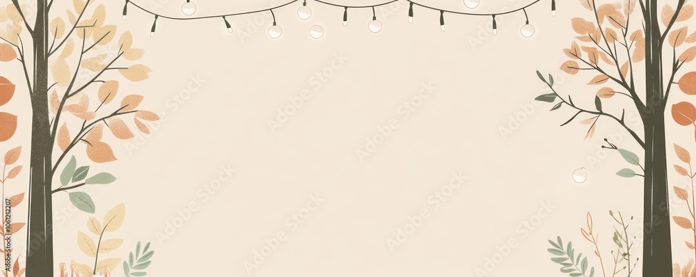 Poster a decorative autumn-themed border featuring trees and string lights on a neutral background.