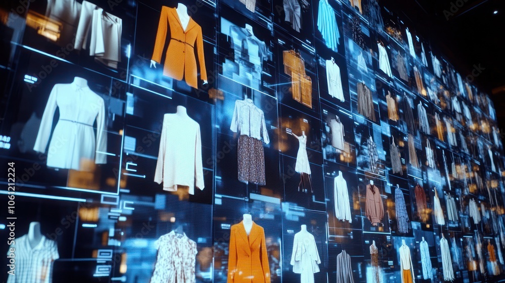Poster a digital display showcasing various clothing items in a modern, tech-driven environment.