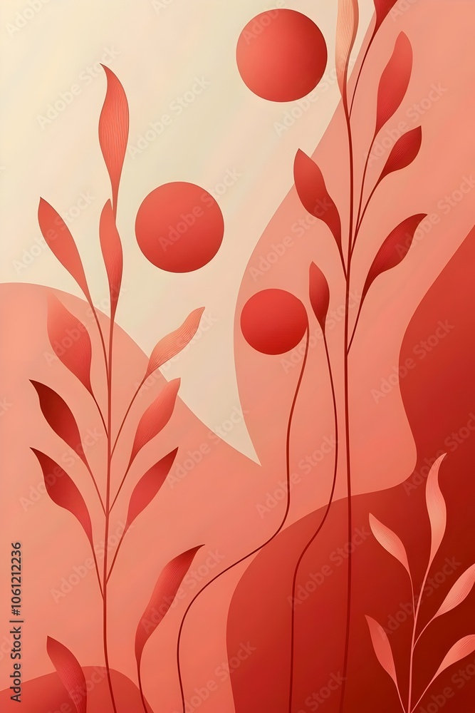 Poster an abstract illustration featuring flowing red and peach hues with stylized floral elements and circ