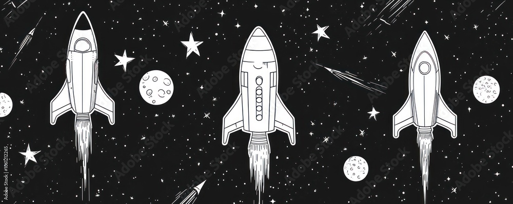 Poster three rockets launching through a starry space background with planets and comets.