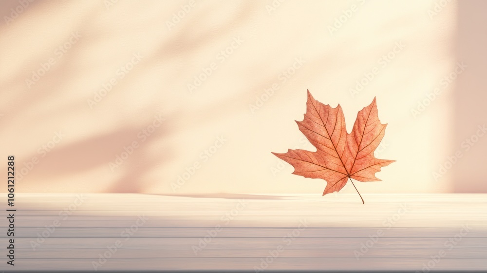 Poster A single autumn leaf resting on a surface, casting soft shadows in warm light.