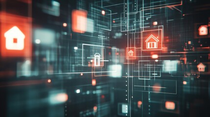 Abstract digital representation of interconnected home icons in a networked environment.