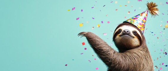 A cheerful sloth wearing a party hat, celebrating with confetti in the background.