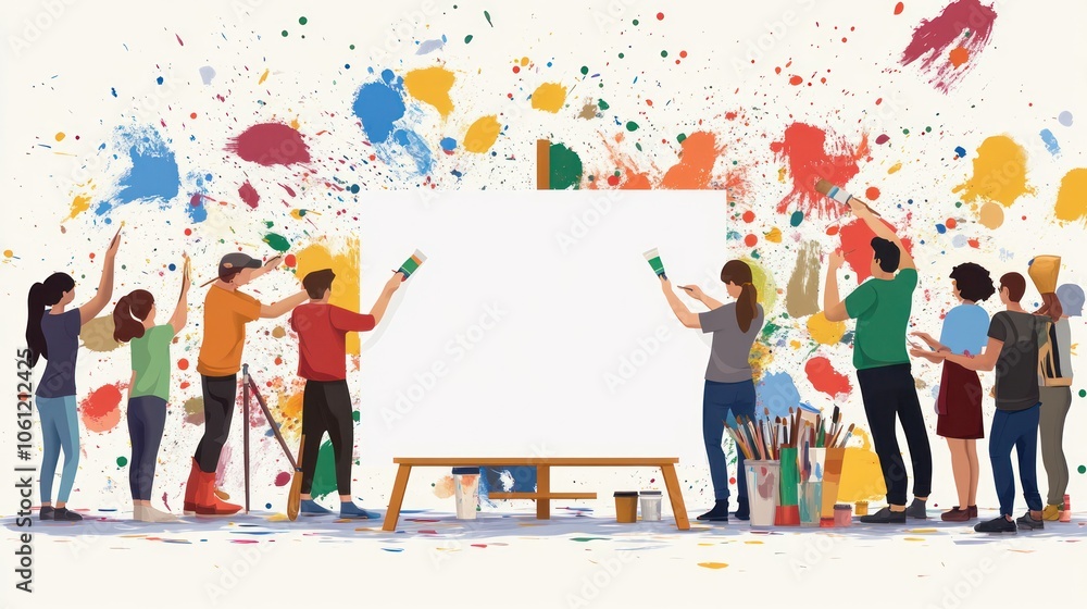 Poster a group of people collaboratively painting on a large canvas with colorful splashes around.