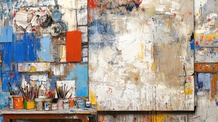 Abstract Art Studio with Colorful Paints and Supplies