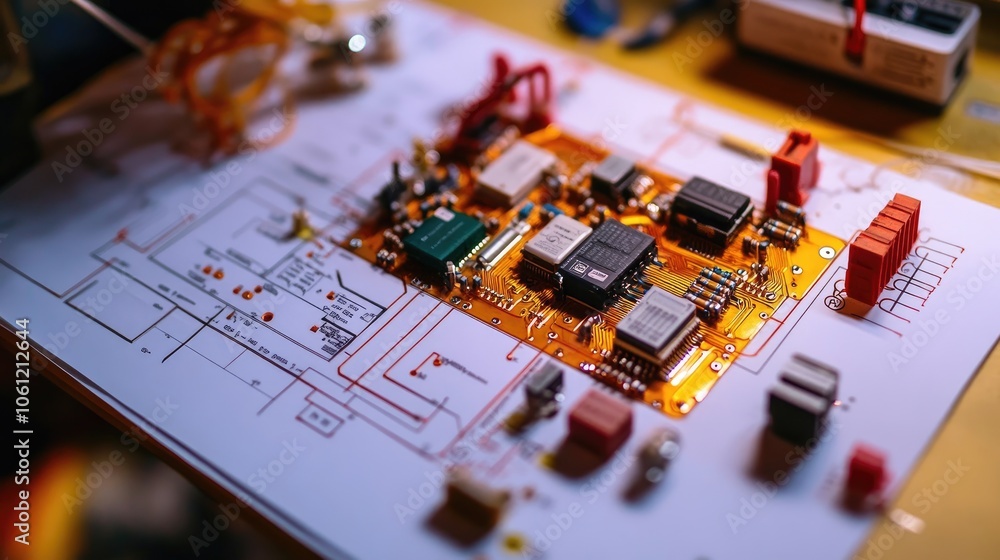 Poster circuit board with components on technical blueprint