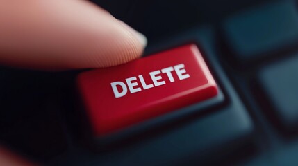 Close up of a finger pressing a bright red delete key on a computer keyboard during a digital decluttering session at home.